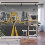 Pittsburgh Pennsylvania Steel City Skyline Bridge Black And White Photography Print Wall Mural Gallery Image 1