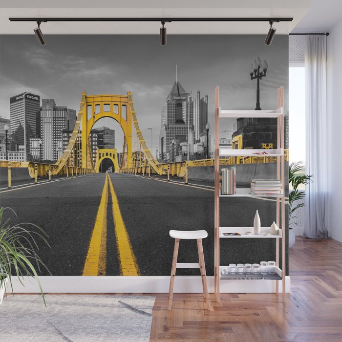 Pittsburgh Pennsylvania Steel City Skyline Bridge Black And White Photography Print Wall Mural Gallery Image 1