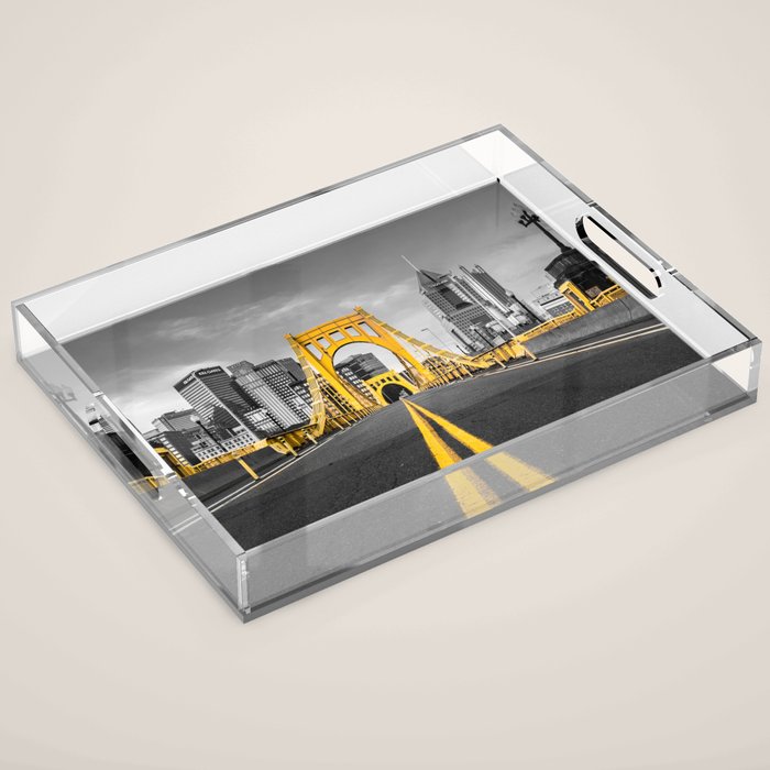 Pittsburgh Pennsylvania Steel City Skyline Bridge Black And White Photography Print Acrylic Tray Gallery Image 1