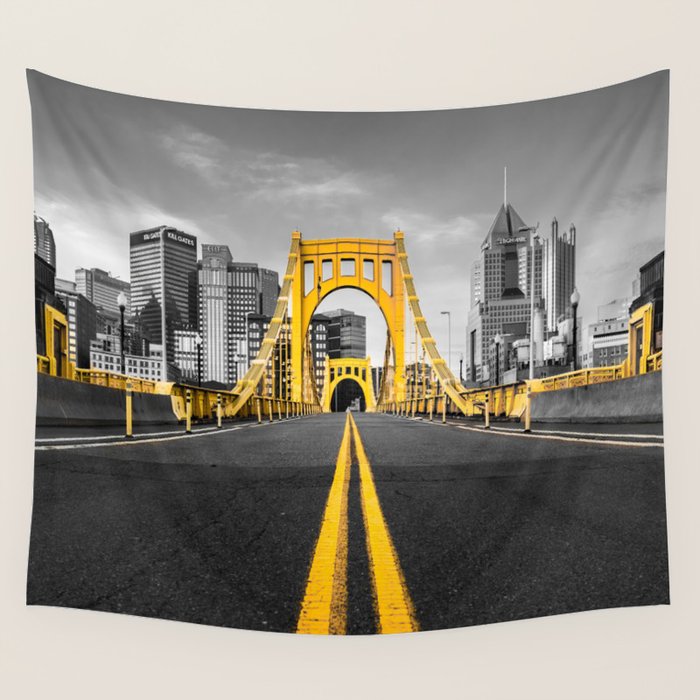 Pittsburgh Pennsylvania Steel City Skyline Bridge Black And White Photography Print Wall Tapestry Gallery Image 1