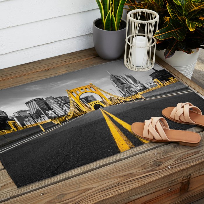 Pittsburgh Pennsylvania Steel City Skyline Bridge Black And White Photography Print Outdoor Rug Gallery Image 2