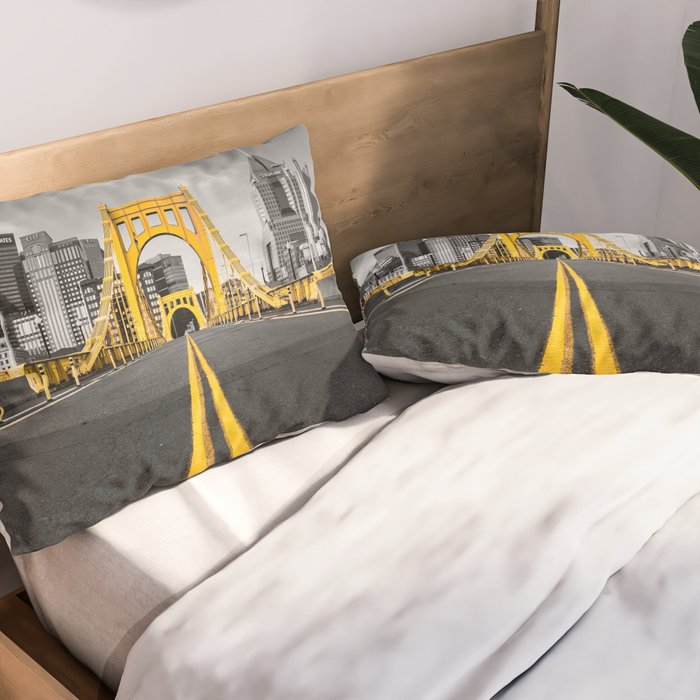 Pittsburgh Pennsylvania Steel City Skyline Bridge Black And White Photography Print Pillow Sham Gallery Image 2
