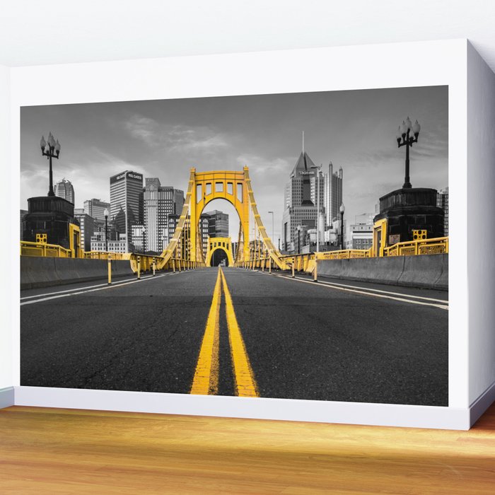 Pittsburgh Pennsylvania Steel City Skyline Bridge Black And White Photography Print Wall Mural Gallery Image 2