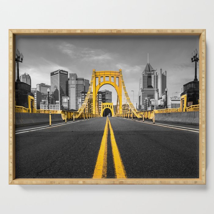 Pittsburgh Pennsylvania Steel City Skyline Bridge Black And White Photography Print Serving Tray Gallery Image 1