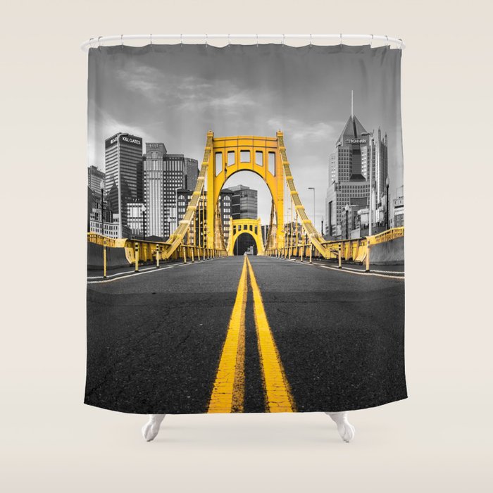 Pittsburgh Pennsylvania Steel City Skyline Bridge Black And White Photography Print Shower Curtain Gallery Image 1