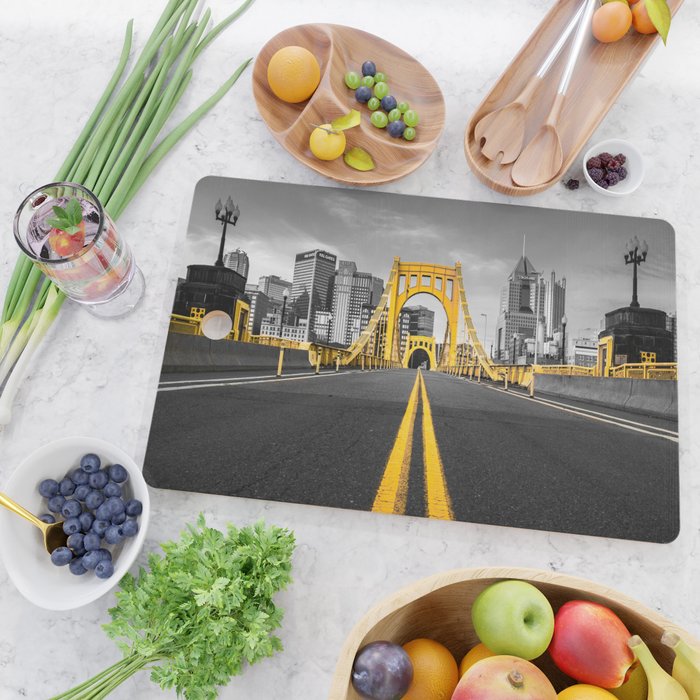 Pittsburgh Pennsylvania Steel City Skyline Bridge Black And White Photography Print Cutting Board Gallery Image 2
