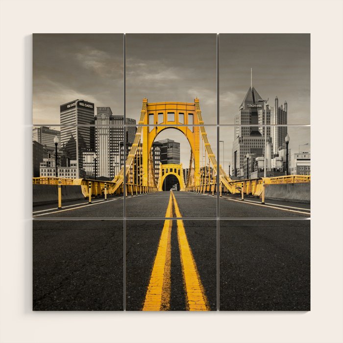 Pittsburgh Pennsylvania Steel City Skyline Bridge Black And White Photography Print Wood Wall Art Gallery Image 1
