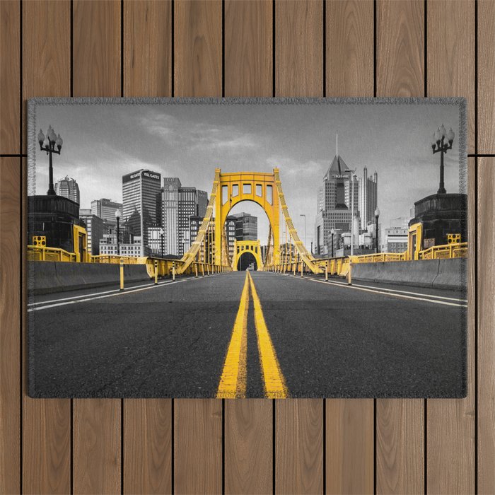 Pittsburgh Pennsylvania Steel City Skyline Bridge Black And White Photography Print Outdoor Rug Gallery Image 1