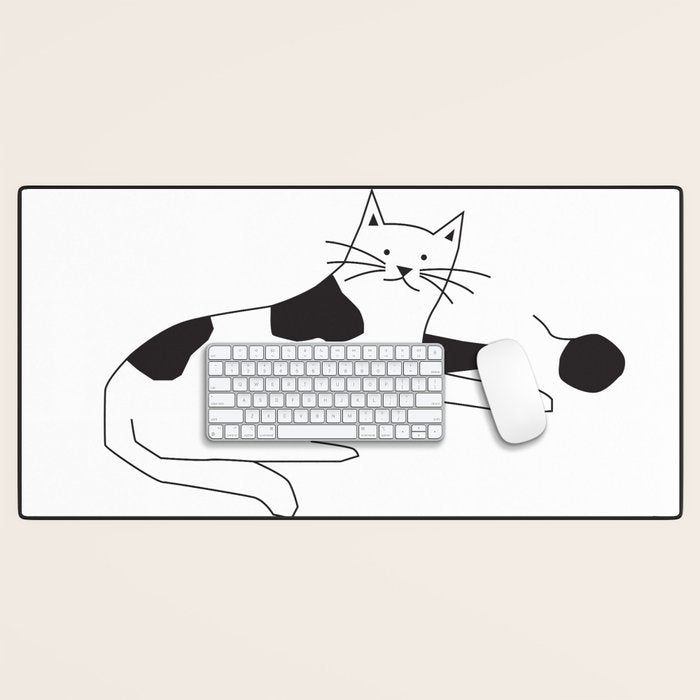Black and white cat with yarn Desk Mat Gallery Image 1