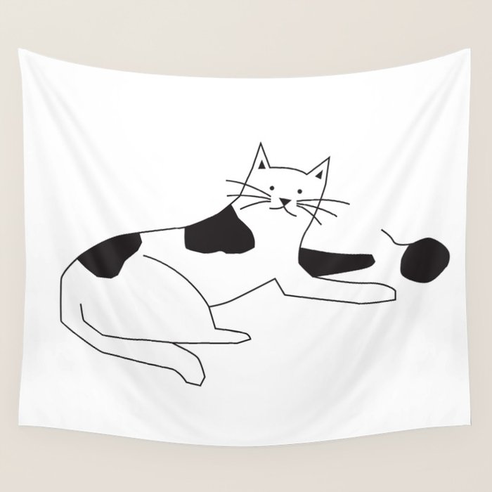 Black and white cat with yarn Wall Tapestry Gallery Image 1