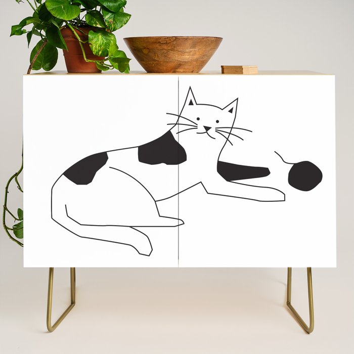 Black and white cat with yarn Credenza Gallery Image 1