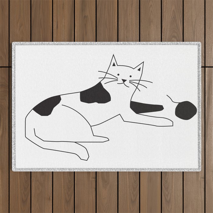 Black and white cat with yarn Outdoor Rug Gallery Image 1