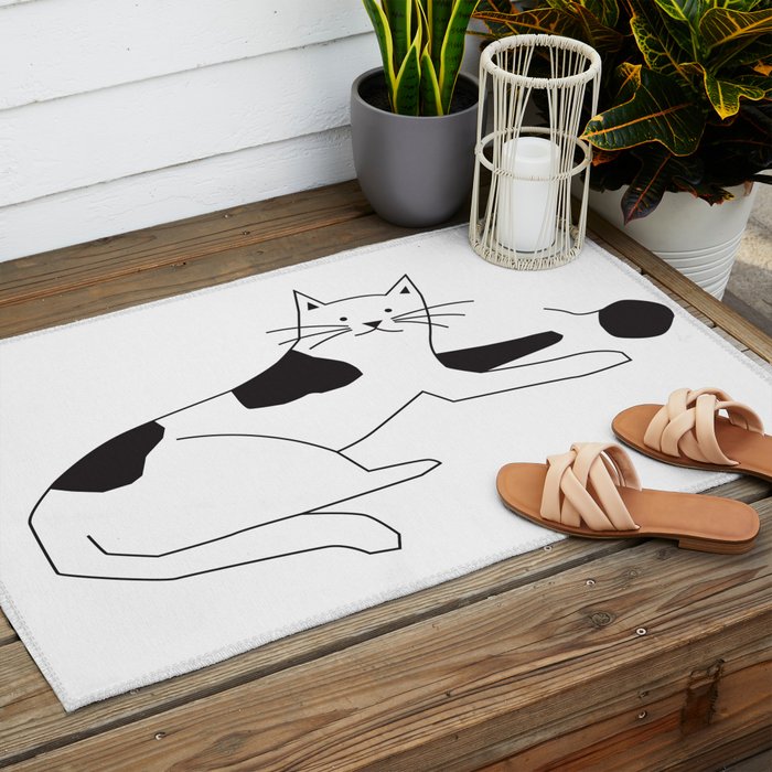 Black and white cat with yarn Outdoor Rug Gallery Image 2