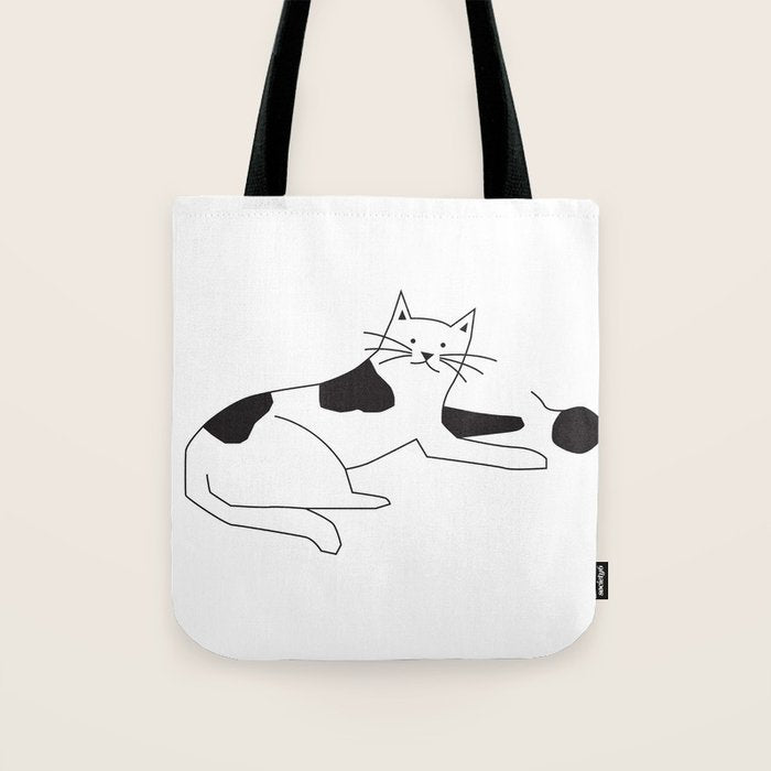 Black and white cat with yarn Tote Bag Gallery Image 1