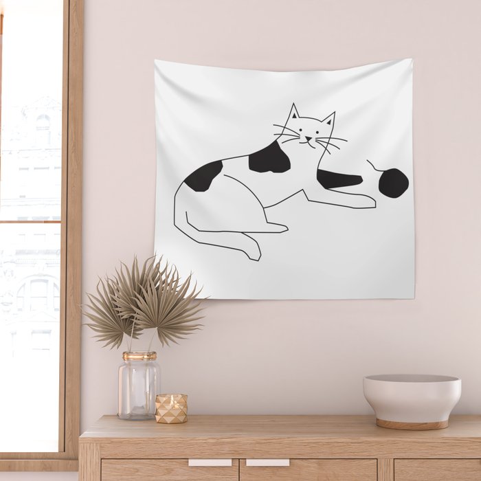 Black and white cat with yarn Wall Tapestry Gallery Image 2