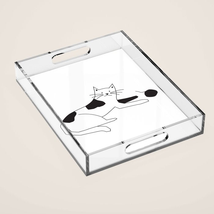 Black and white cat with yarn Acrylic Tray Gallery Image 1