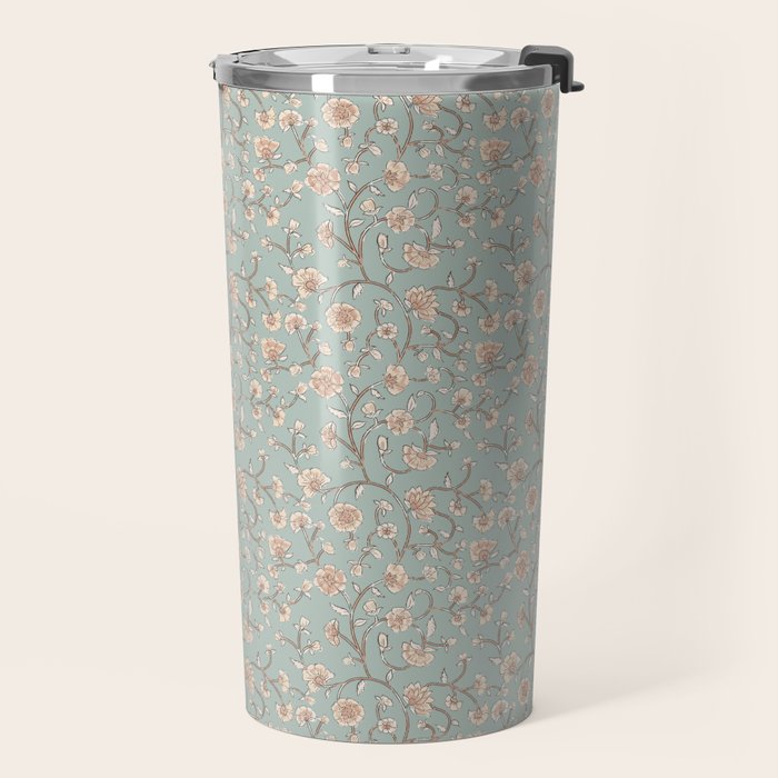 Ditsy Trailing Block Print Floral - Light Sage Green Travel Mug Gallery Image 2