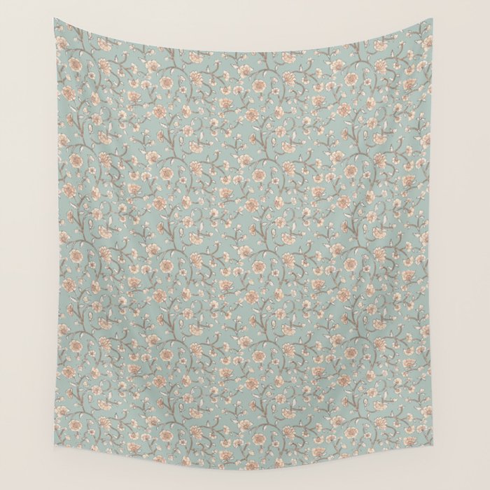 Ditsy Trailing Block Print Floral - Light Sage Green Wall Tapestry Gallery Image 1