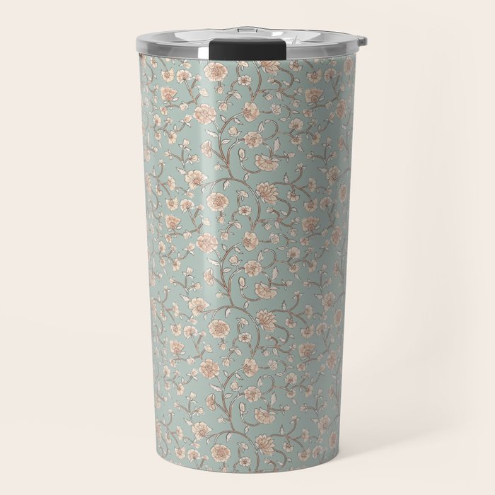 Ditsy Trailing Block Print Floral - Light Sage Green Travel Mug Gallery Image 1