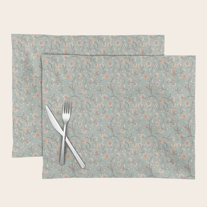 Ditsy Trailing Block Print Floral - Light Sage Green Placemat Gallery Image 1