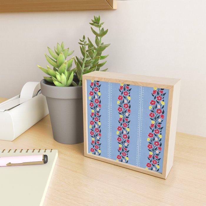 Vintage Posey Stripe Floral on Blue Linen Mini Art Print Gallery Image 2