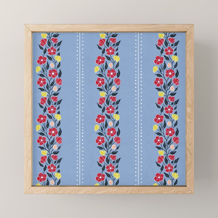 Vintage Posey Stripe Floral on Blue Linen Mini Art Print Gallery Image 1