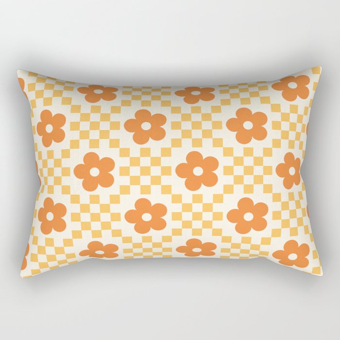 Retro Flower Double Checker in Yellow & Orange Rectangular Pillow Gallery Image 2