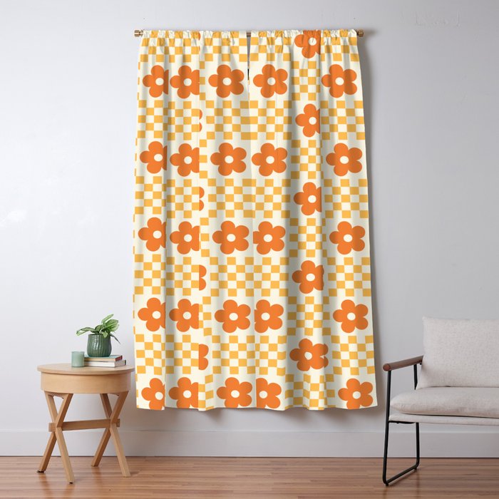 Retro Flower Double Checker in Yellow & Orange Window Curtain Gallery Image 5