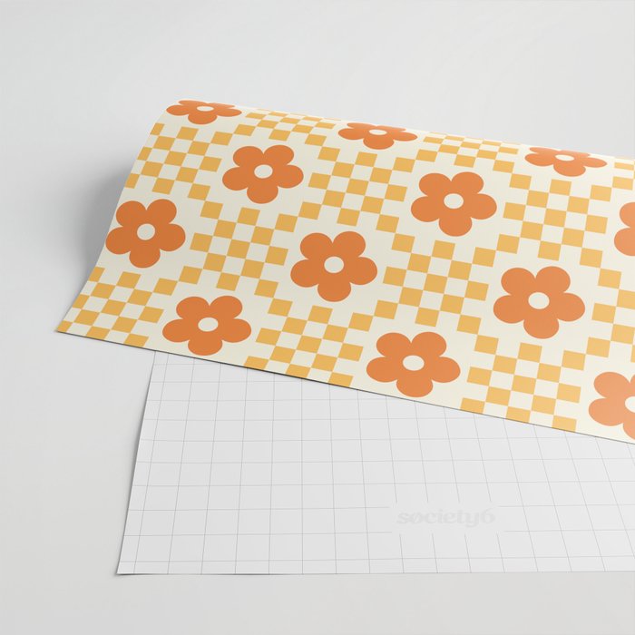 Retro Flower Double Checker in Yellow & Orange Wrapping Paper Gallery Image 2