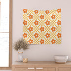 Retro Flower Double Checker in Yellow & Orange Wall Tapestry Gallery Image 2