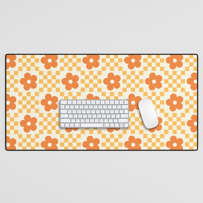 Retro Flower Double Checker in Yellow & Orange Desk Mat Gallery Image 1