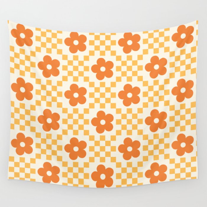 Retro Flower Double Checker in Yellow & Orange Wall Tapestry Gallery Image 4