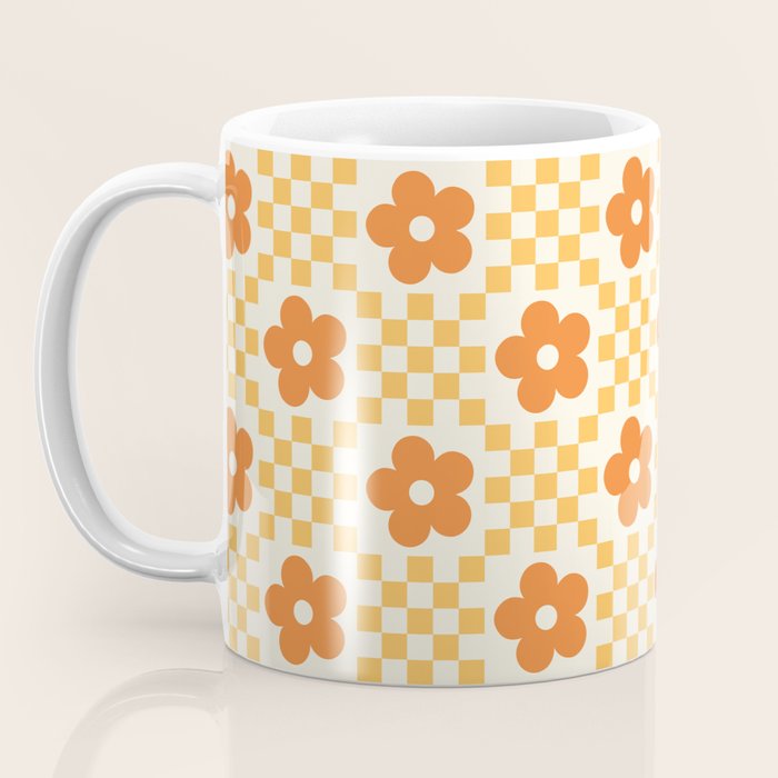 Retro Flower Double Checker in Yellow & Orange Coffee Mug Gallery Image 3