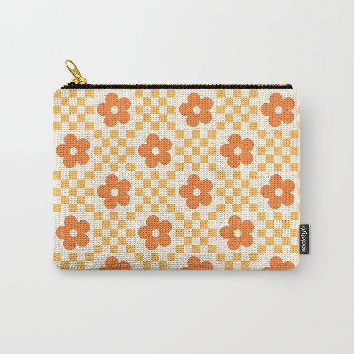 Retro Flower Double Checker in Yellow & Orange Carry All Pouch Gallery Image 1
