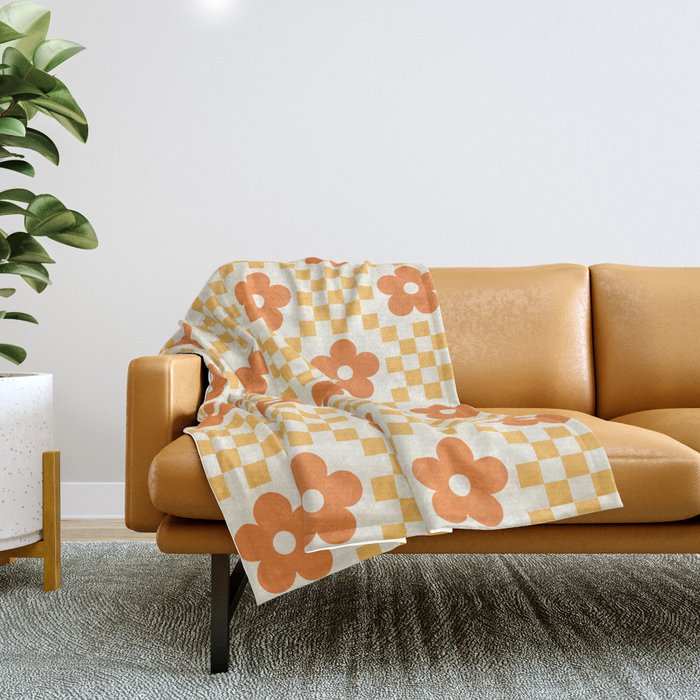 Retro Flower Double Checker in Yellow & Orange Throw Blanket Gallery Image 1