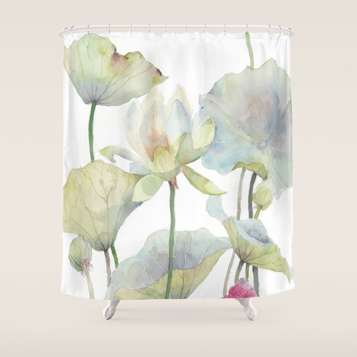 Lotus Flower and Leaves Pink Goldfish Watercolor  Shower Curtain Gallery Image 1