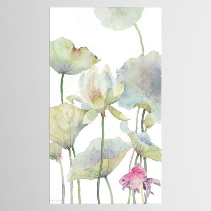 Lotus Flower and Leaves Pink Goldfish Watercolor  Tablecloth Gallery Image 2