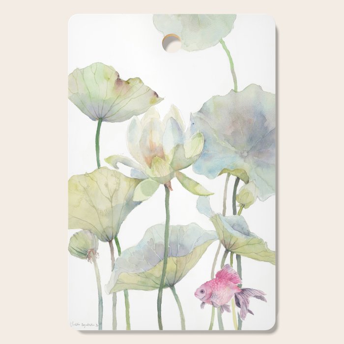 Lotus Flower and Leaves Pink Goldfish Watercolor  Cutting Board Gallery Image 1