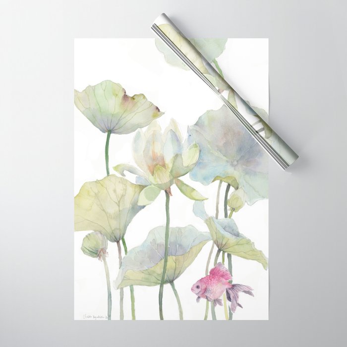 Lotus Flower and Leaves Pink Goldfish Watercolor  Wrapping Paper Gallery Image 1