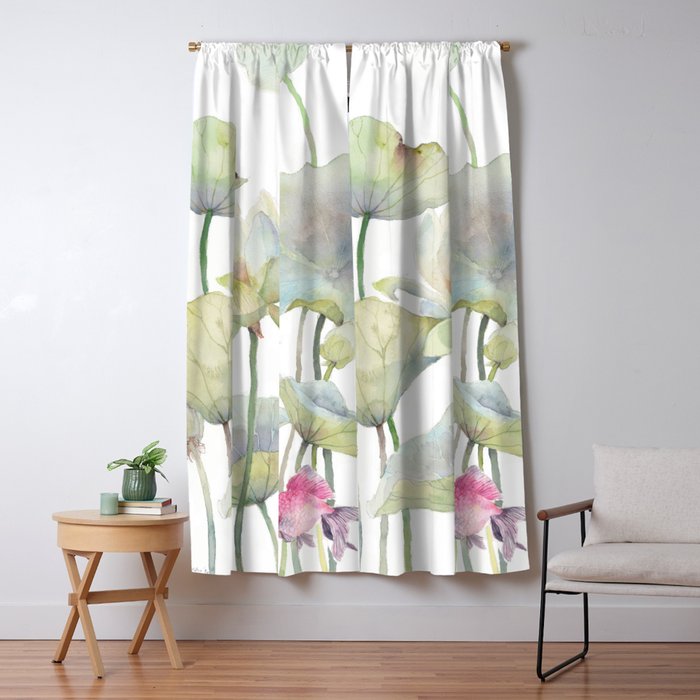 Lotus Flower and Leaves Pink Goldfish Watercolor  Window Curtain Gallery Image 1