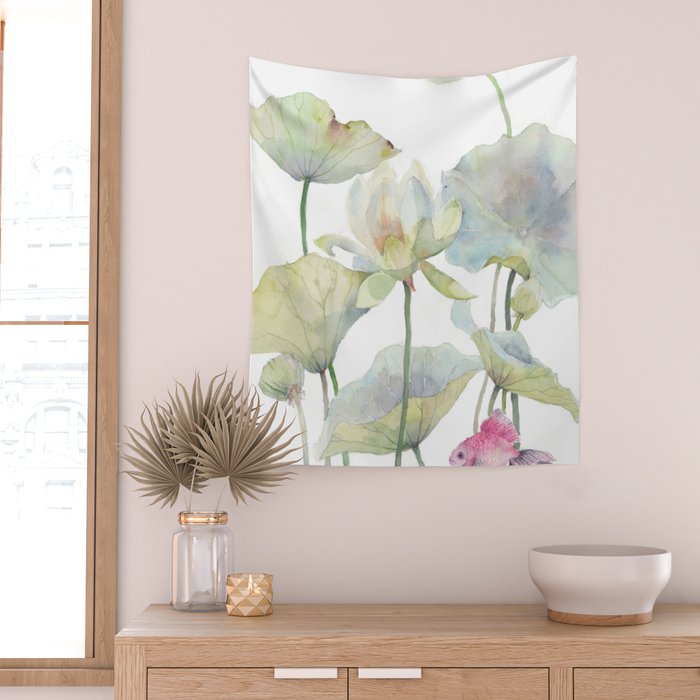 Lotus Flower and Leaves Pink Goldfish Watercolor  Wall Tapestry Gallery Image 2