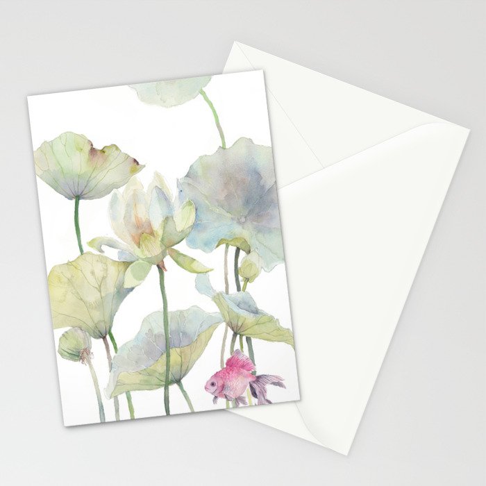 Lotus Flower and Leaves Pink Goldfish Watercolor  Stationery Card Gallery Image 2