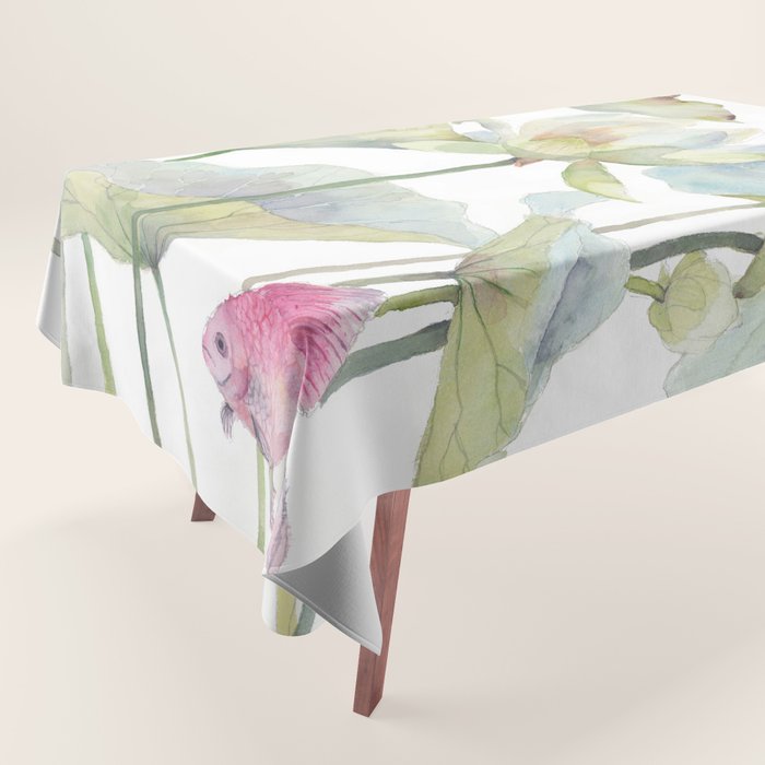 Lotus Flower and Leaves Pink Goldfish Watercolor  Tablecloth Gallery Image 1