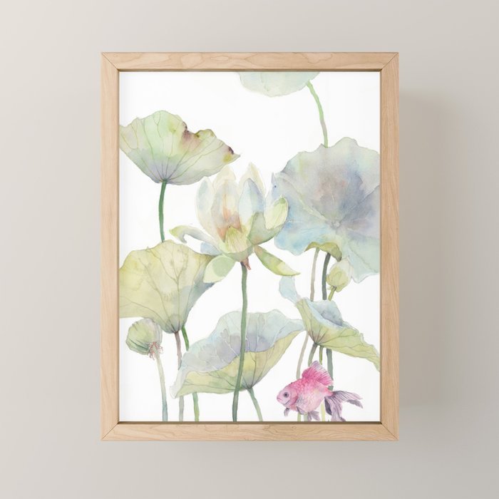 Lotus Flower and Leaves Pink Goldfish Watercolor  Mini Art Print Gallery Image 1