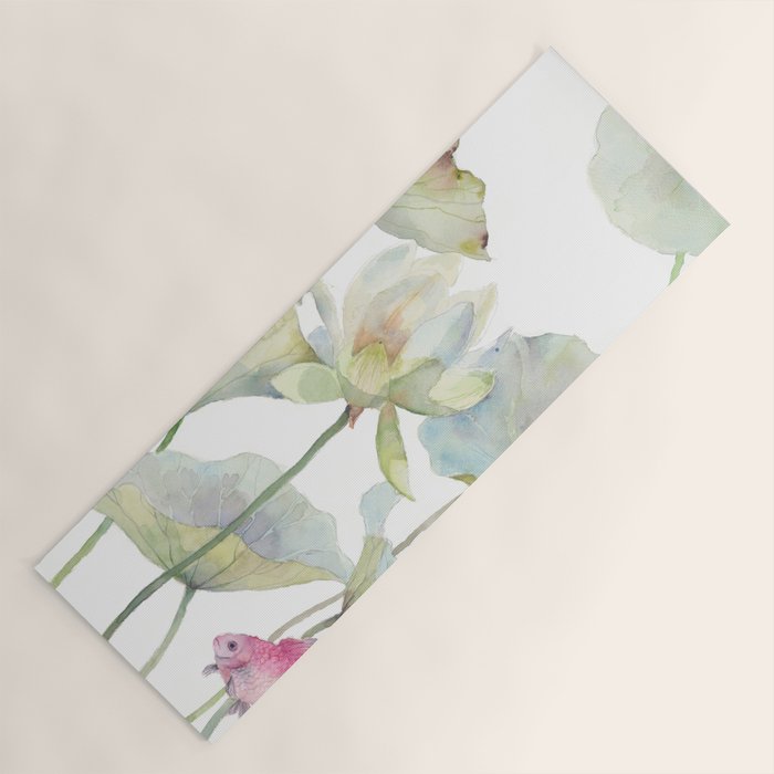 Lotus Flower and Leaves Pink Goldfish Watercolor  Yoga Mat Gallery Image 1