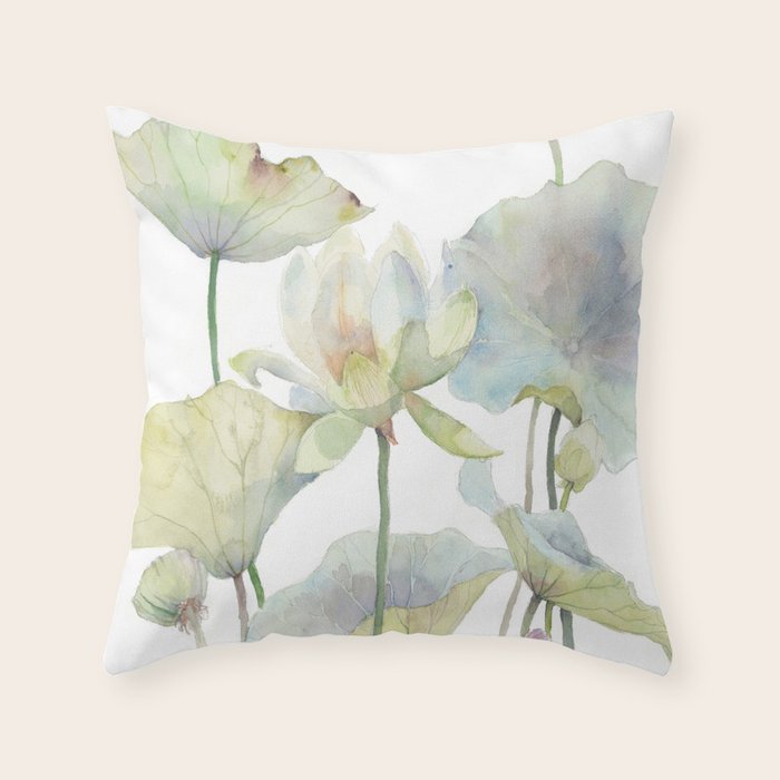 Lotus Flower and Leaves Pink Goldfish Watercolor  Throw Pillow Gallery Image 6
