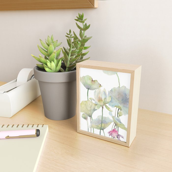 Lotus Flower and Leaves Pink Goldfish Watercolor  Mini Art Print Gallery Image 2