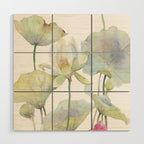 Lotus Flower and Leaves Pink Goldfish Watercolor  Wood Wall Art Gallery Image 1