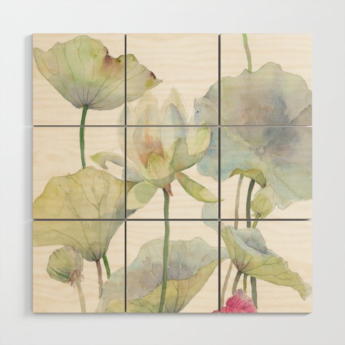 Lotus Flower and Leaves Pink Goldfish Watercolor  Wood Wall Art Gallery Image 1