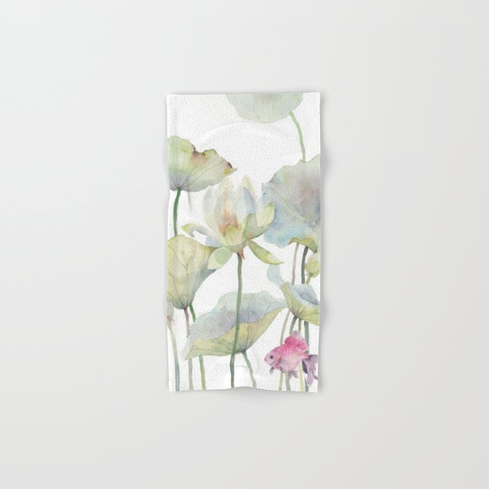 Lotus Flower and Leaves Pink Goldfish Watercolor  Bath Towel Gallery Image 1